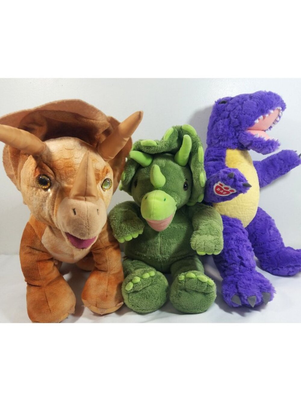 Build A Bear Lot of 3 Dinosaurs Plush Brown & Green Triceratops Purple T-Rex